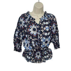 JONES NEW YORK Women's Petite Medium Blue Geometric Print Blouse Smocked Details